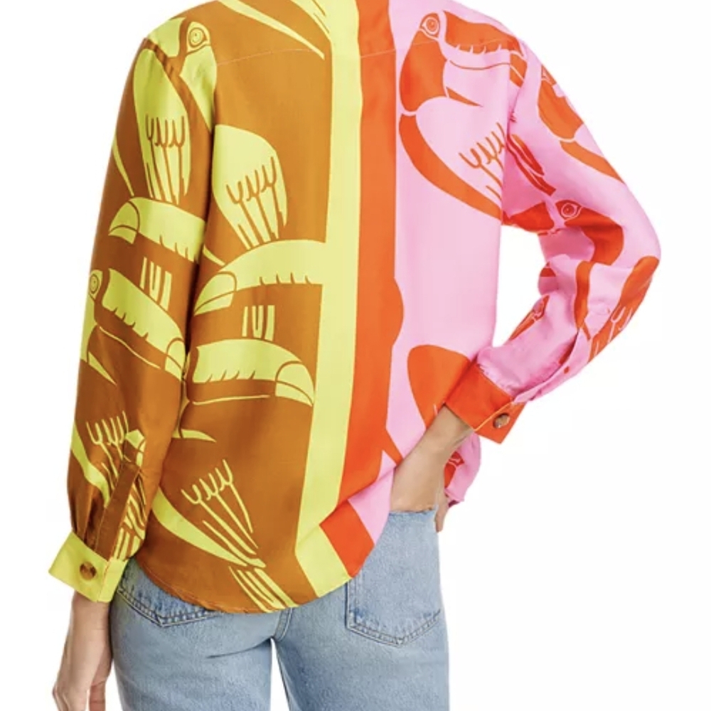 FARM Rio Toucans Mix Rainbow  Pink and Yellow Button Down Shirt Blouse Sz S - Picture 4 of 6